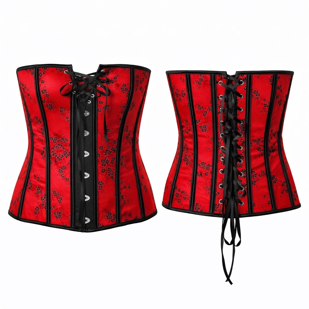 Floral Red Cherry‎ Blossom Hook and Eye Front Lace Up Back Corset Stretch XL/1X
